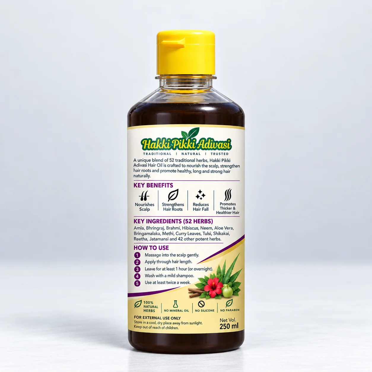 hakki pikki adivasi hair oil bottle back label